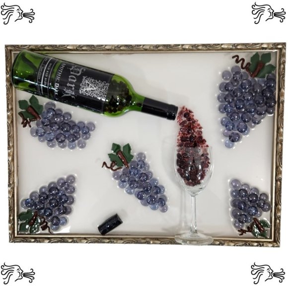 Cut Wine Bottle Purple Grape Resin Epoxy Bar Art Silver Frame Handmade - Picture 1 of 1